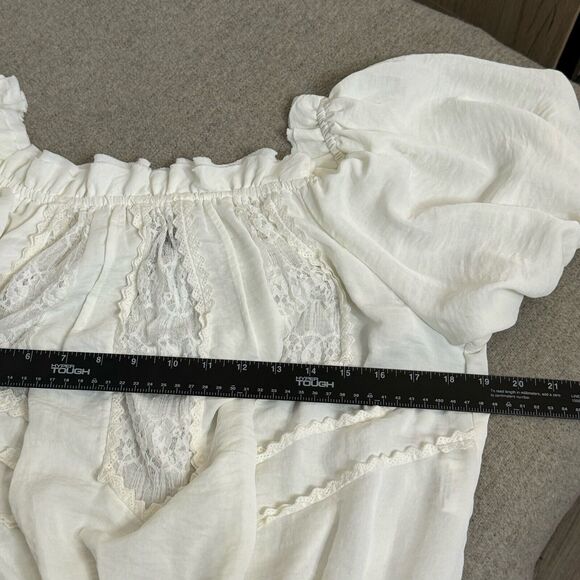 Vintage Blouse M Cream XOXO Lace Sheer Smocked Milkmaid Cottagecore Coquette Y2K - Picture 6 of 10